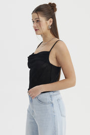 Polera Mujer Escote Drapeado Negro