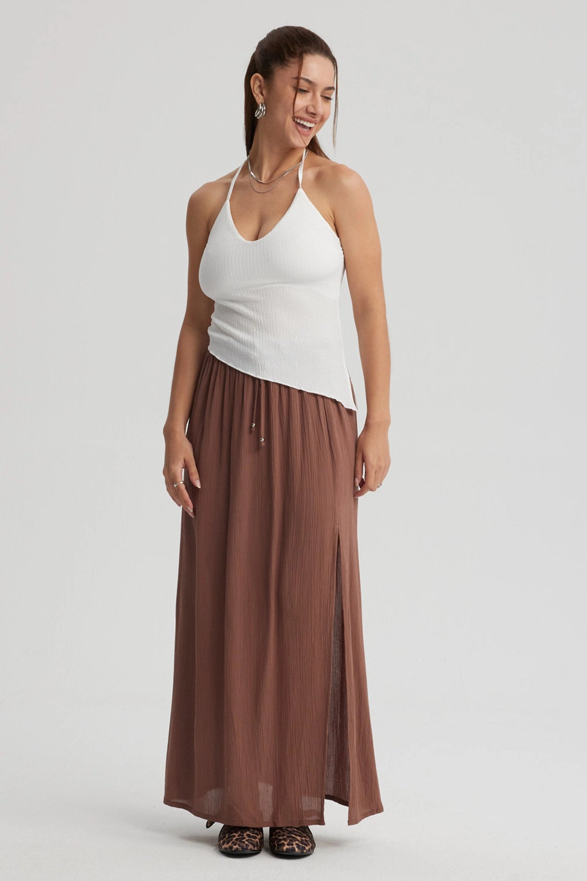 Falda Mujer Larga Abertura Café