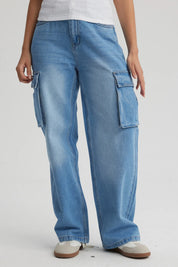 Jeans Mujer Cargo Calce Recto Azul