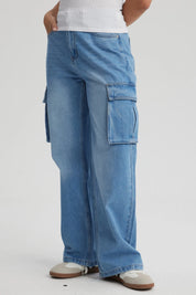 Jeans Mujer Cargo Calce Recto Azul