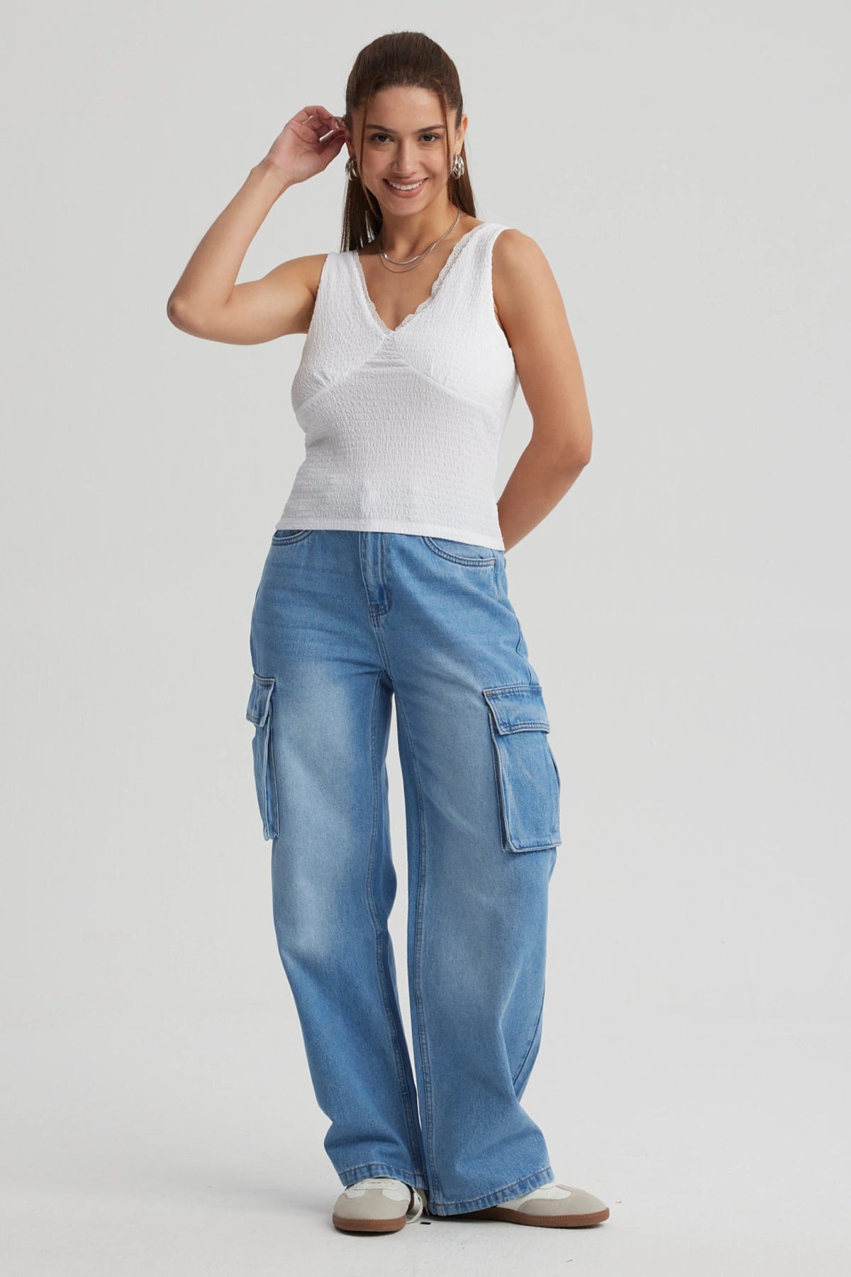 Jeans Mujer Cargo Calce Recto Azul