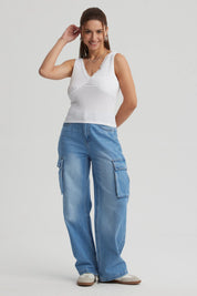 Jeans Mujer Cargo Calce Recto Azul