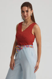 Polera Mujer Textura Escote V Terracota