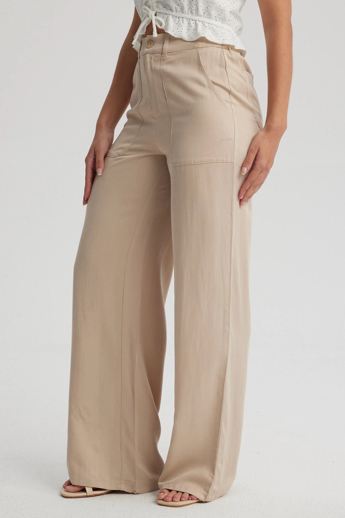 Pantalón Mujer Wide Leg Bolsillo Trasero Beige