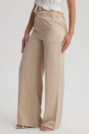 Pantalón Mujer Wide Leg Bolsillo Trasero Beige