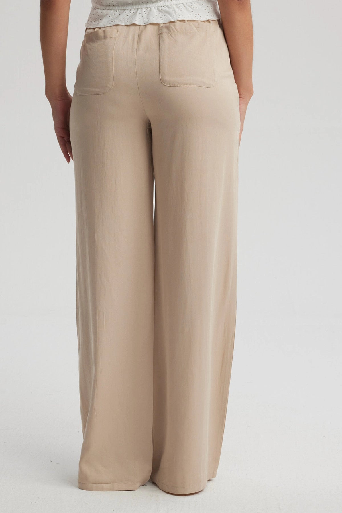 Pantalón Mujer Wide Leg Bolsillo Trasero Beige