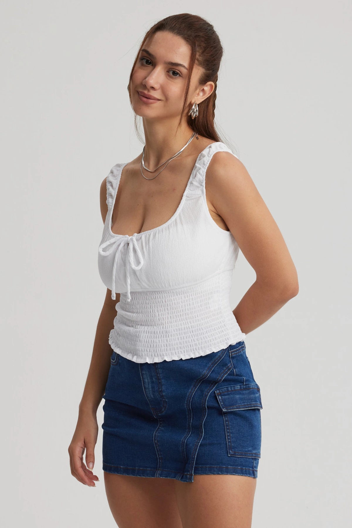 Polera Mujer Panal Lazo Blanco