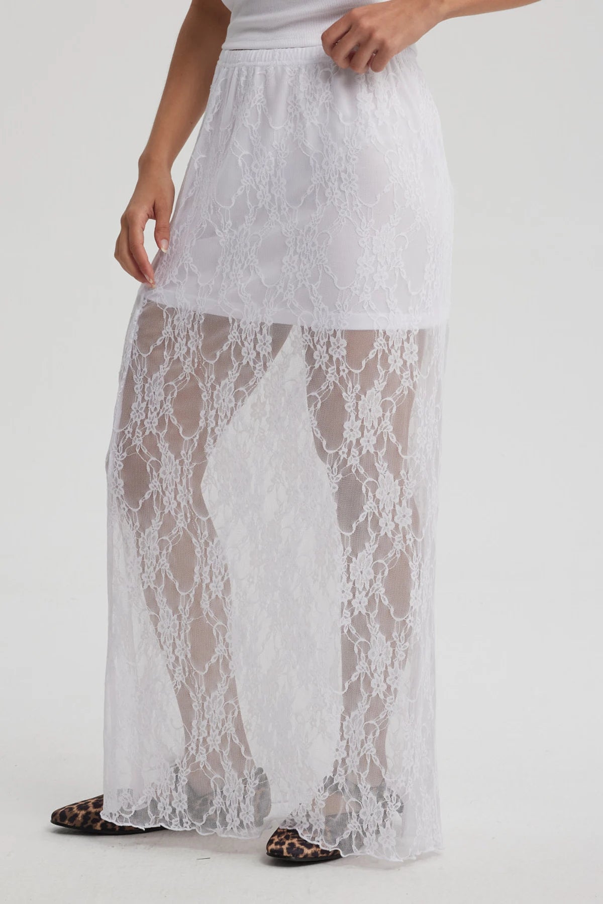 Falda Mujer Larga Encaje Cinturón Blanco