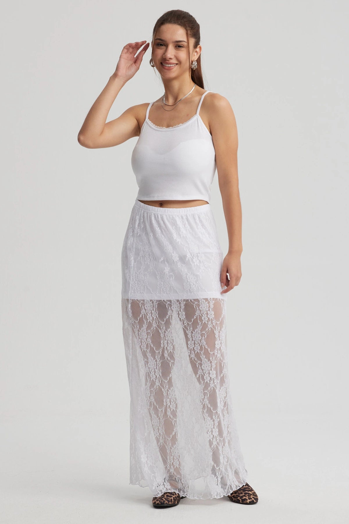 Falda Mujer Larga Encaje Cinturón Blanco