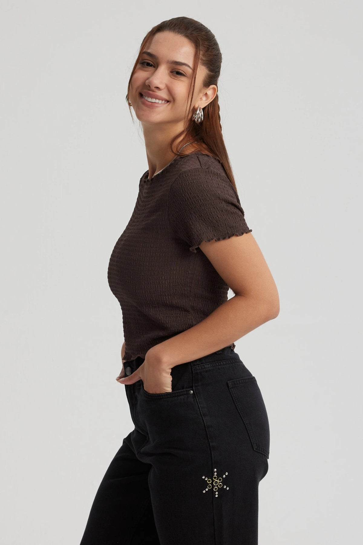 Polera Mujer Con Bardot Detalles Café Oscuro