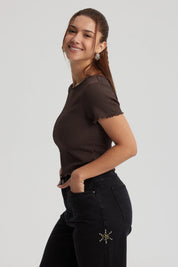 Polera Mujer Con Bardot Detalles Café Oscuro