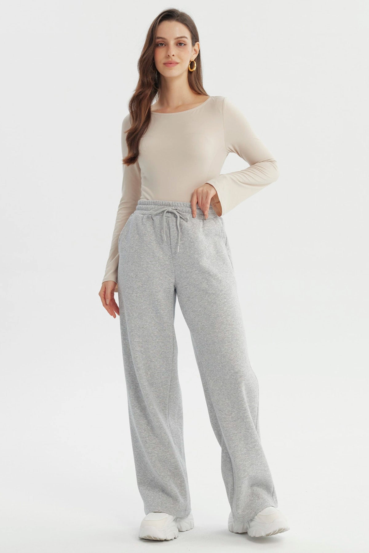 Pantalón Buzo Mujer Wide Leg Gris Melange