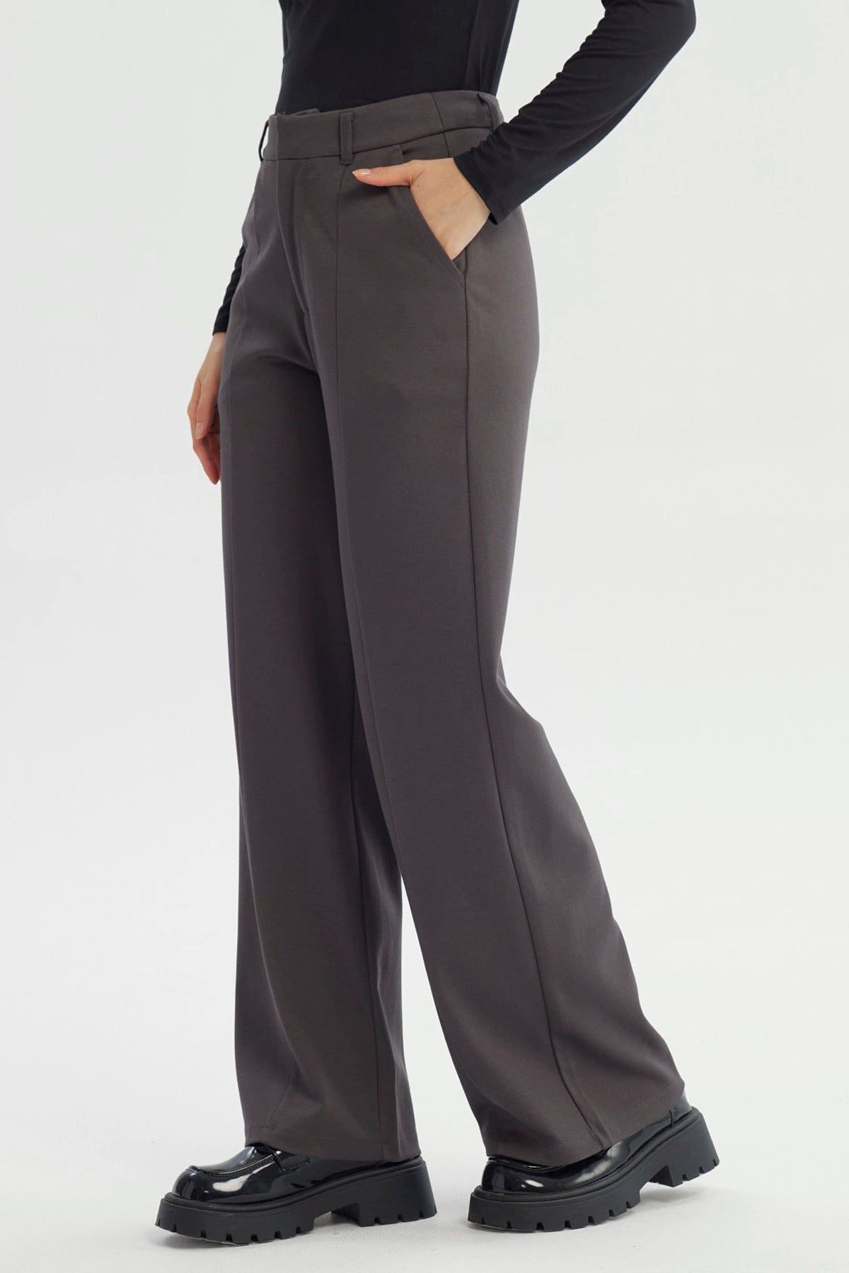 Pantalón Mujer Wide Leg Gris Oscuro