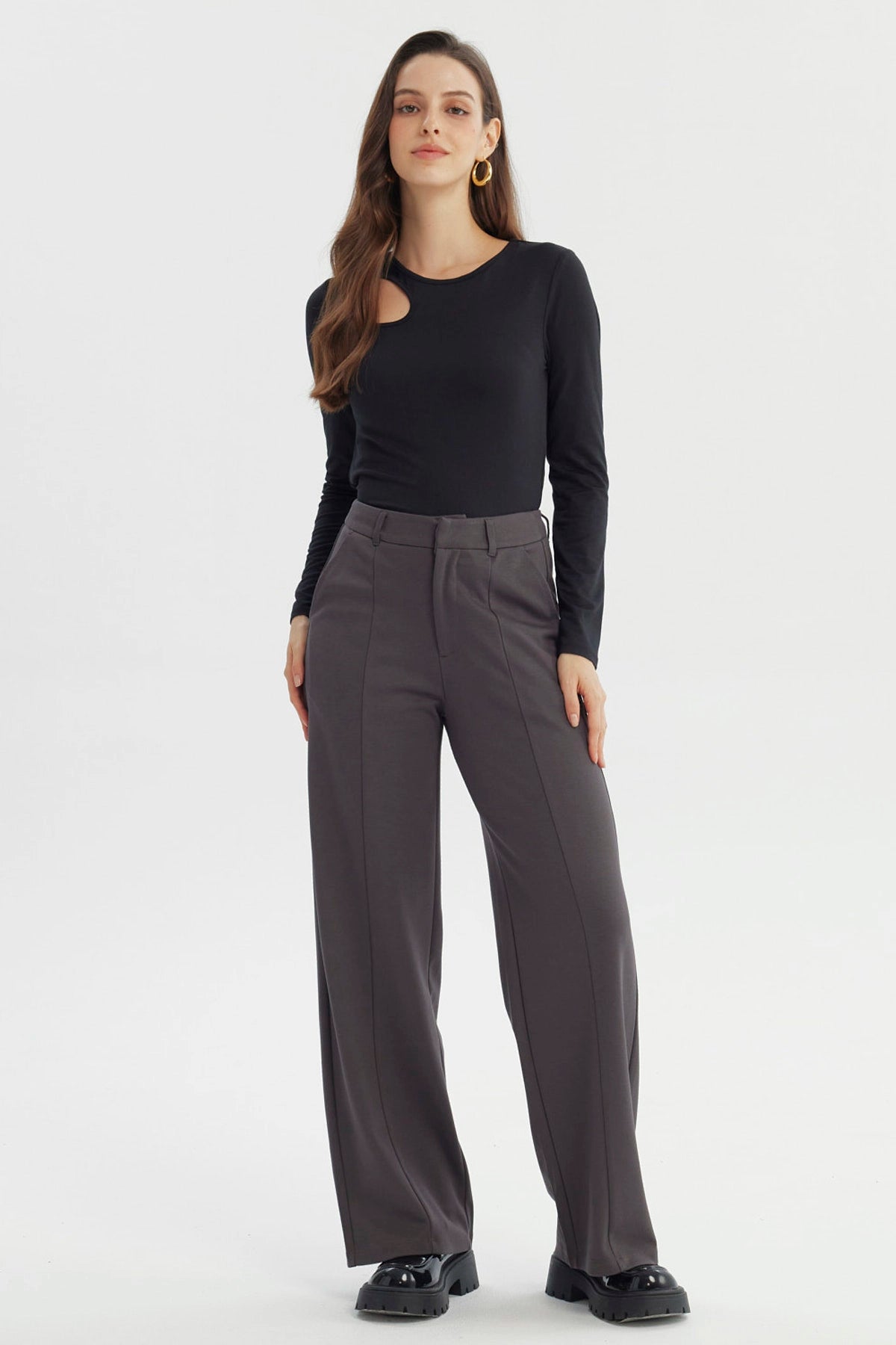 Pantalón Mujer Wide Leg Gris Oscuro