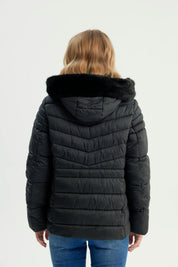 Parka Mujer Cuello Con Gorro Y Piel Negro