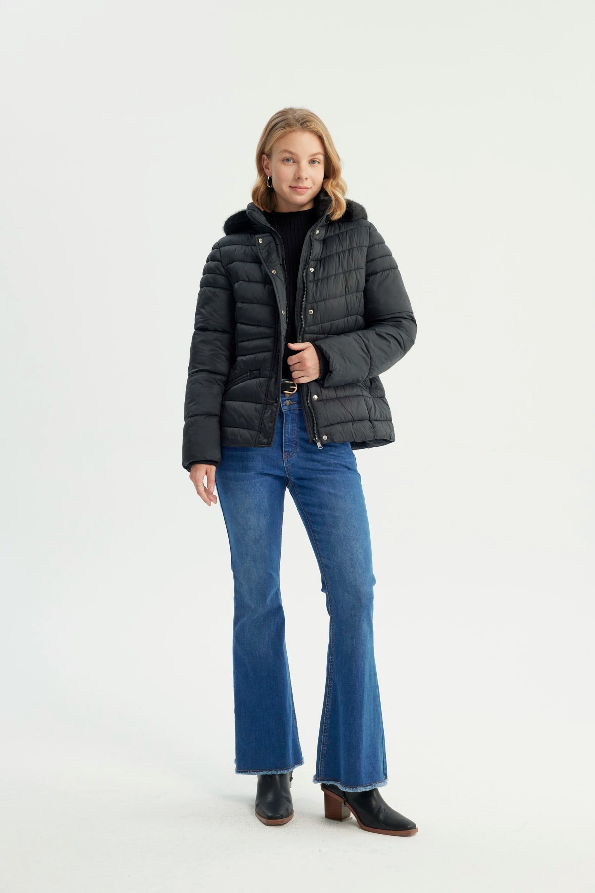 Parka Mujer Cuello Con Gorro Y Piel Negro