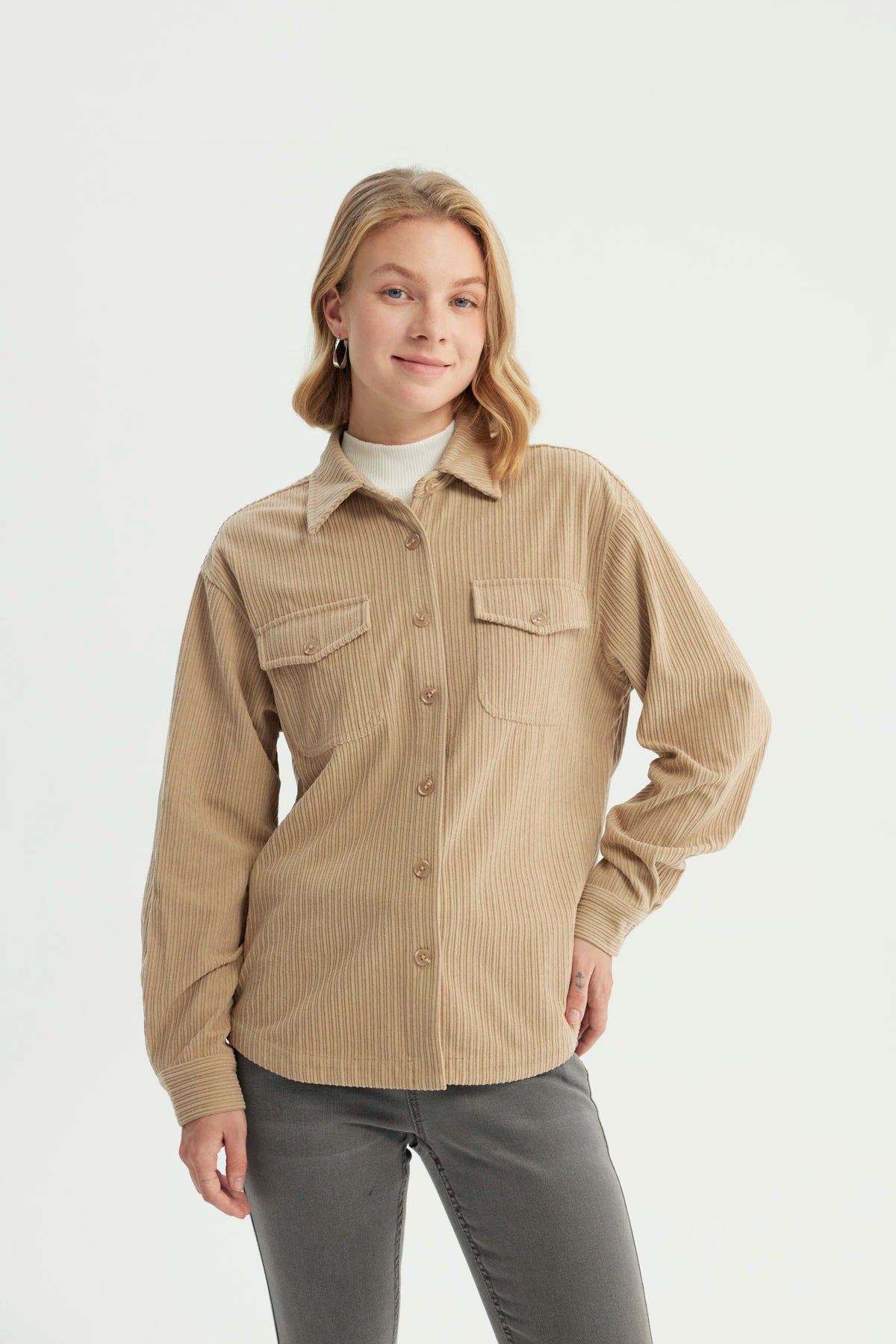 Chaqueta Mujer Oversize Cuello Polo Beige