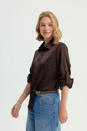 Blusa Mujer Cuello Camisero Chocolate