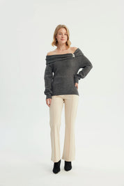 Sweater Mujer Slim Hombro Descubierto Gris Melange