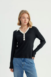Polera Mujer Ajustada Cuello Polo Negro