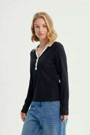 Polera Mujer Ajustada Cuello Polo Negro