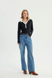 Polera Mujer Ajustada Cuello Polo Negro