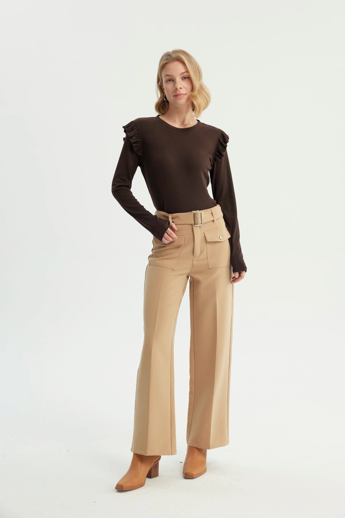Pantalón Mujer Wide Leg Beige