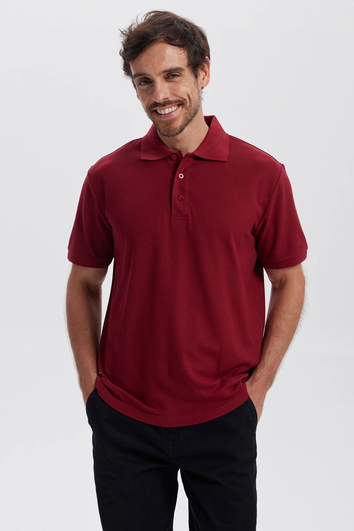 Polera Hombre Pique Básica Lisa Burdeo
