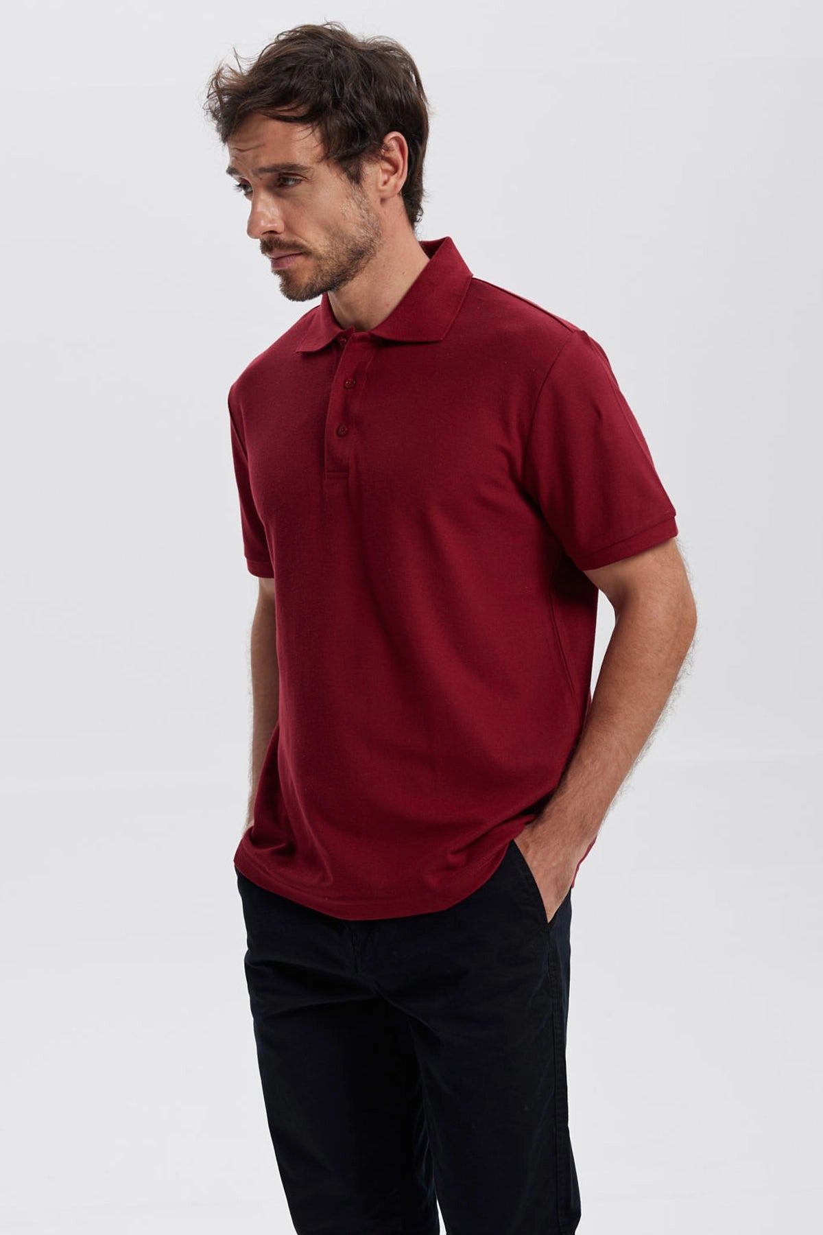 Polera Hombre Pique Básica Lisa Burdeo