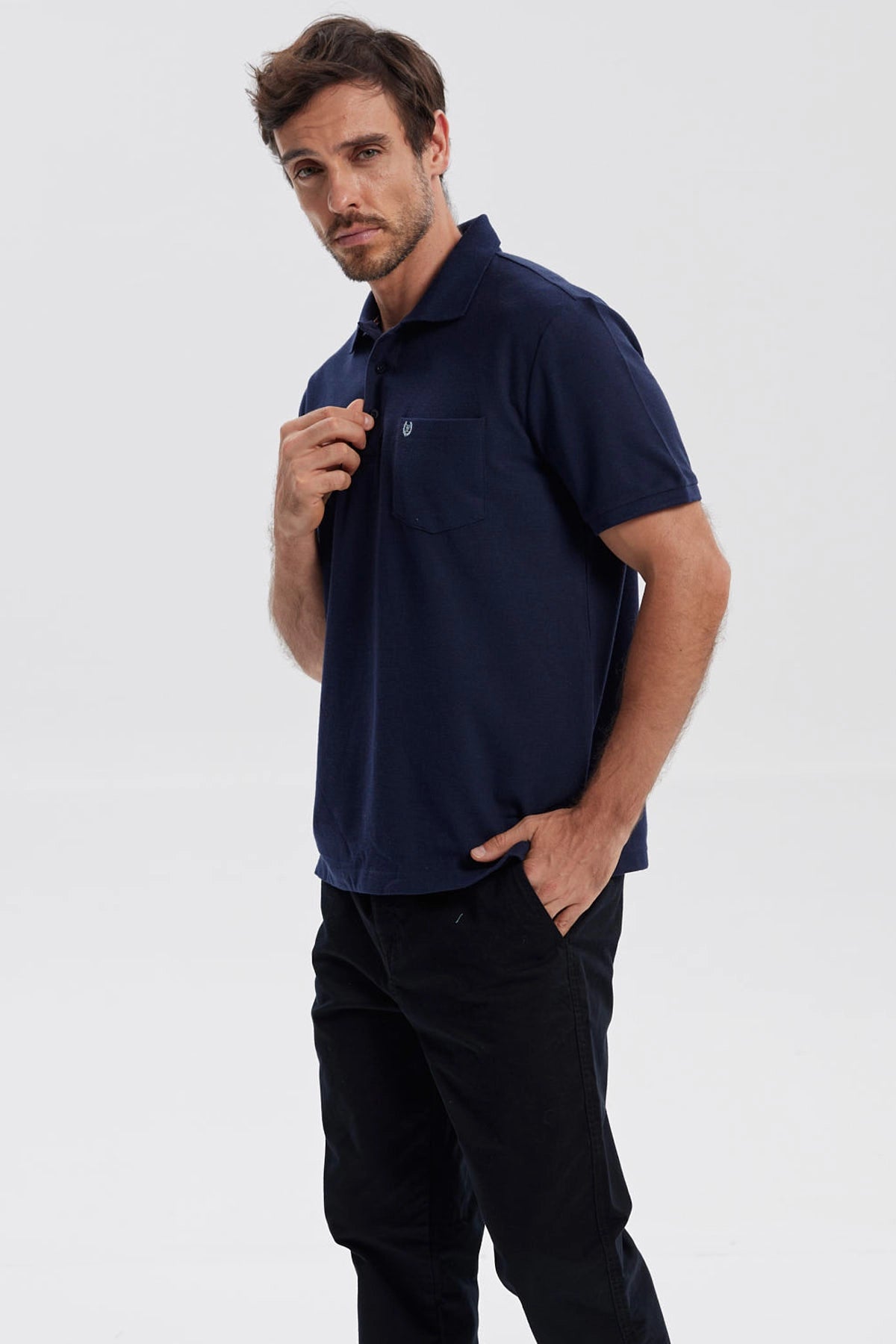 Polera Hombre Pique Básica Lisa Azul Marino