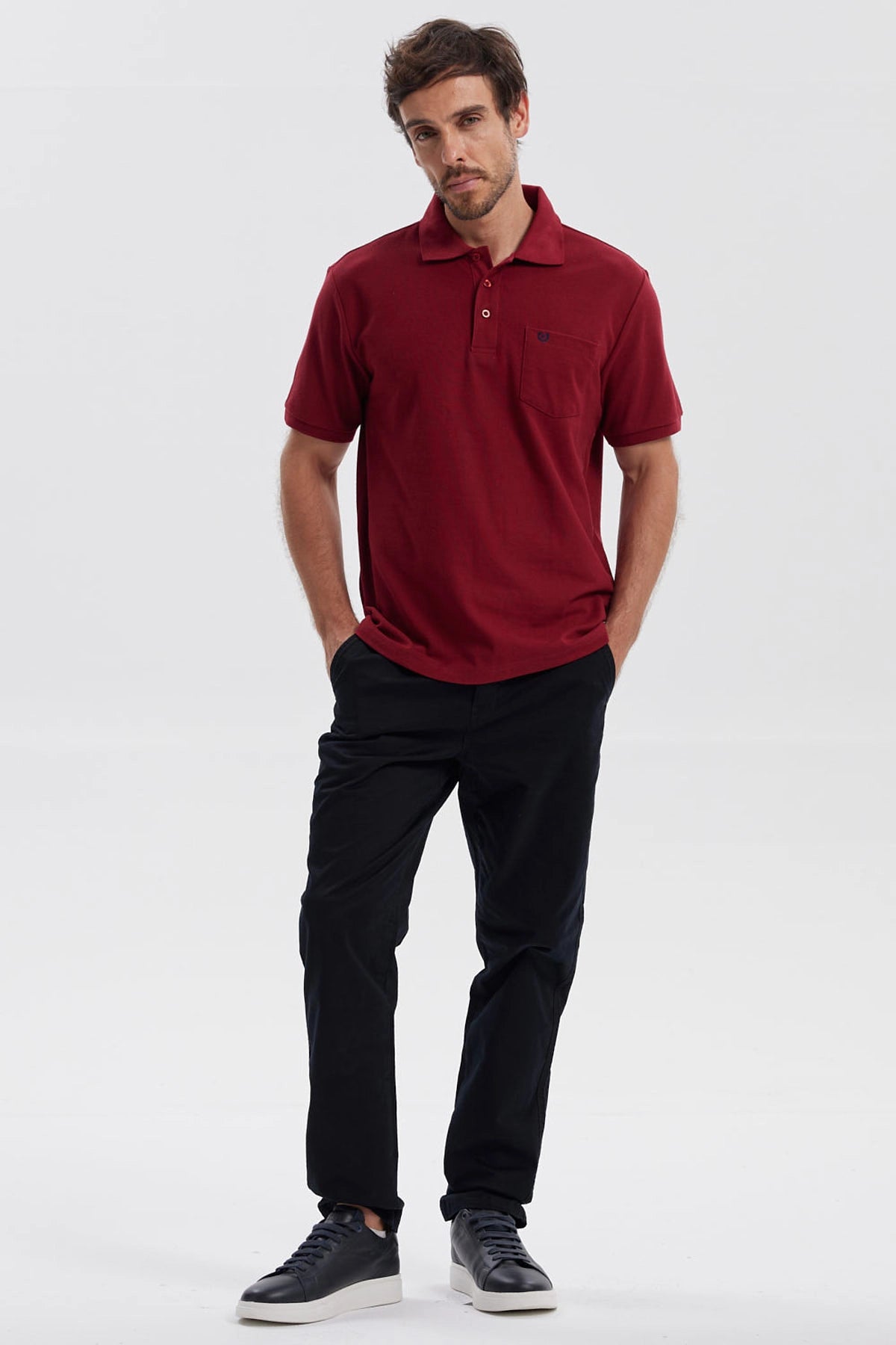 Polera Hombre Pique Básica Lisa Burdeo