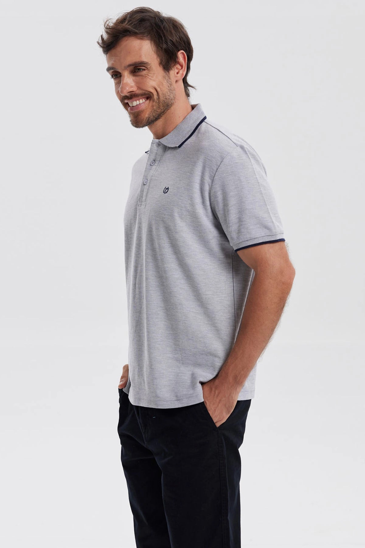 Polera Hombre Pique Básica Lisa Gris Melange