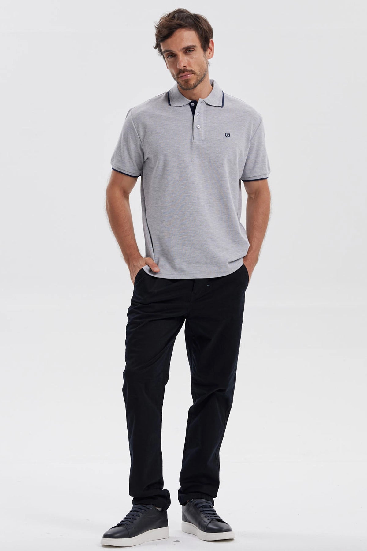 Polera Hombre Pique Básica Lisa Gris Melange