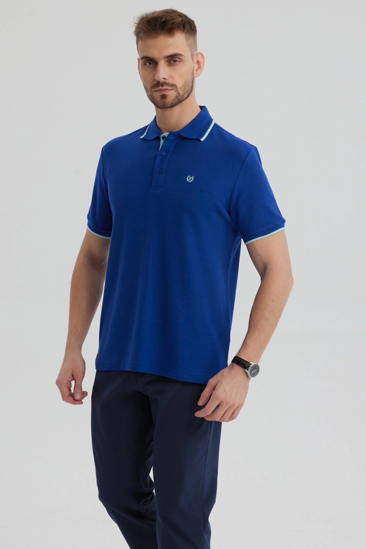 Polera Hombre Pique Básica Lisa Azulino