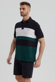 Polera hombre verde con franjas horizontales negras y blancas diseño casual sin estampa lisa y moderna