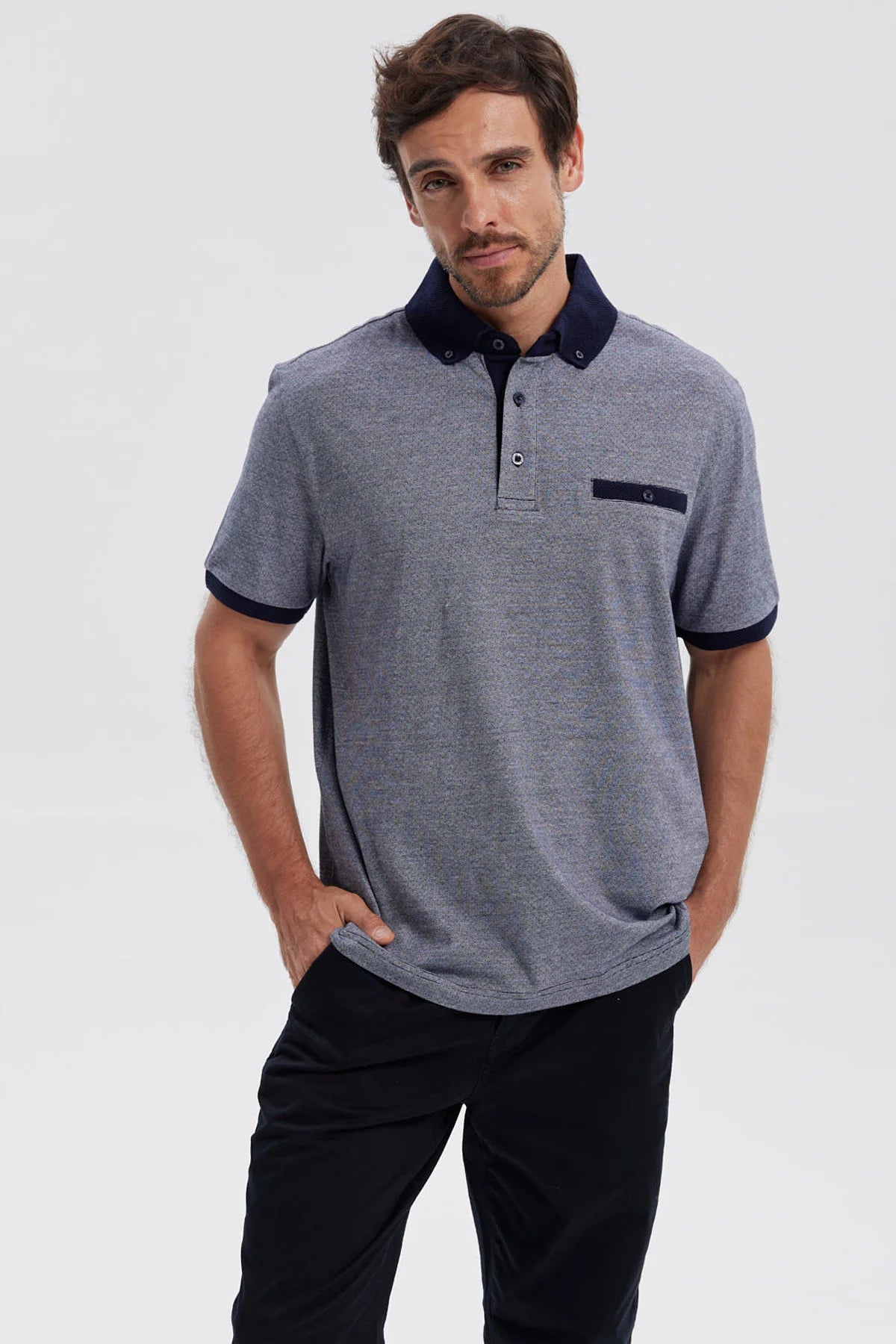 Polera Hombre Botón Gris