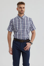 Camisa de hombre calipso con cuadros grandes y pequeños en azul y blanco estilo clásico sin estampa lisa elegante