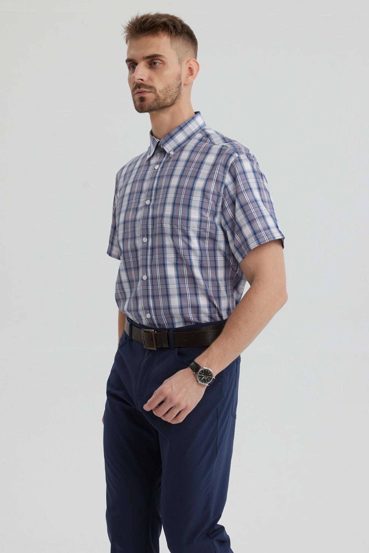 Camisa de hombre calipso con cuadros grandes y pequeños en azul y blanco estilo clásico sin estampa lisa elegante