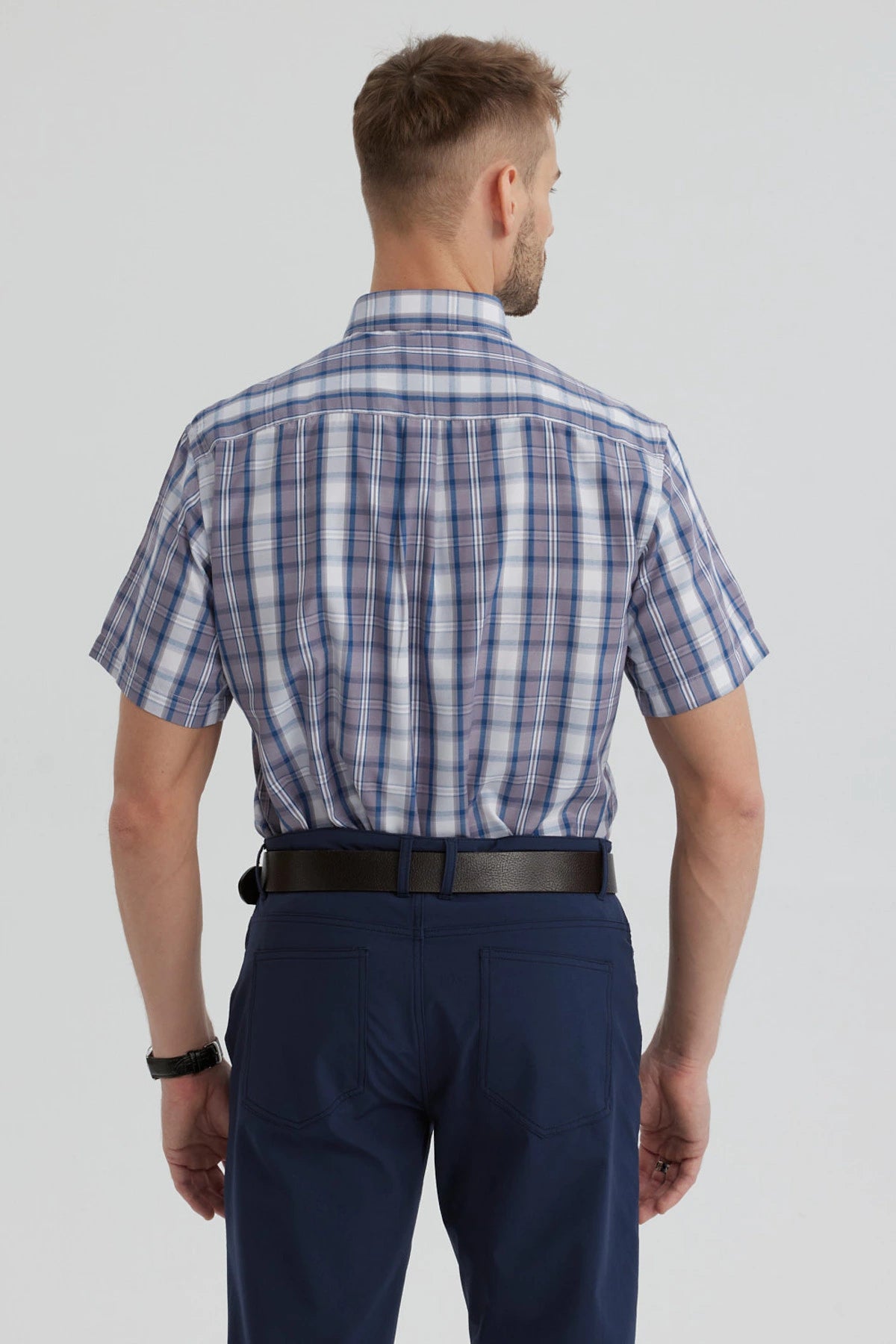 Camisa de hombre calipso con cuadros grandes y pequeños en azul y blanco estilo clásico sin estampa lisa elegante