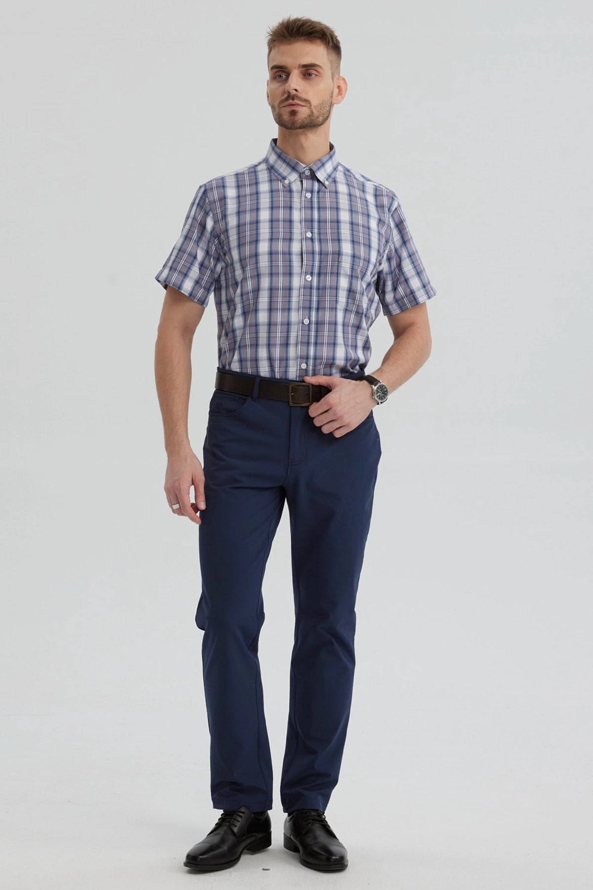 Camisa de hombre calipso con cuadros grandes y pequeños en azul y blanco estilo clásico sin estampa lisa elegante