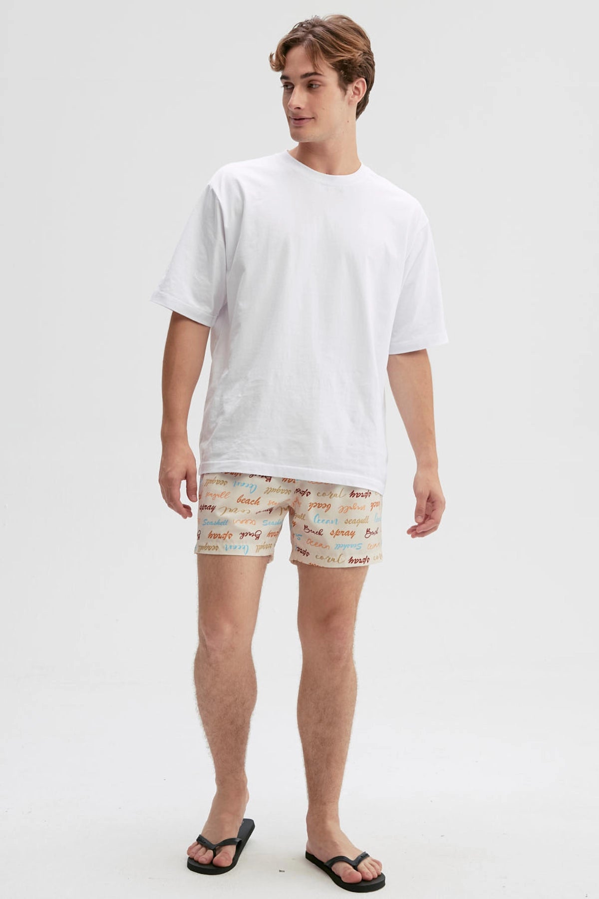 Short de Baño Hombre Print Texto Beige