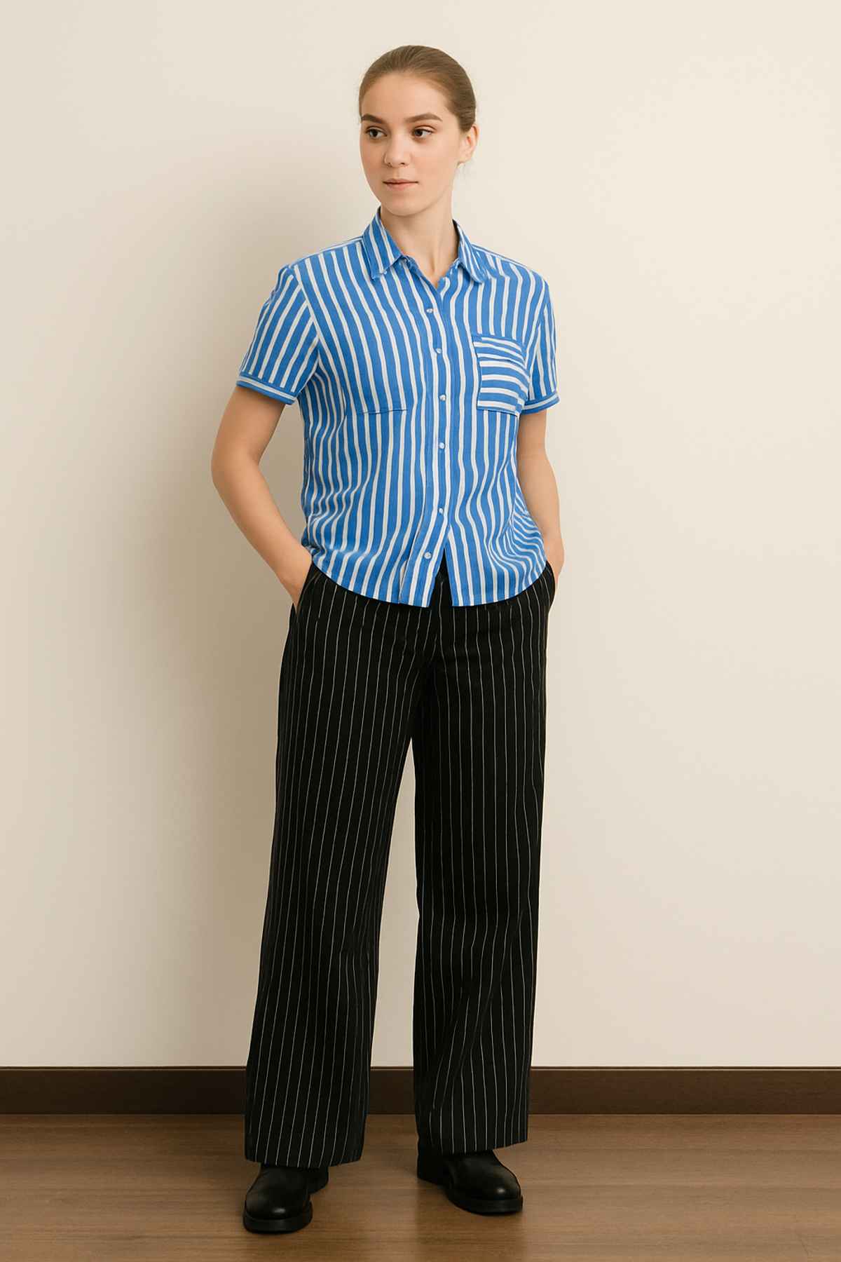 Blusa Mujer Rayada Abotonada Azul