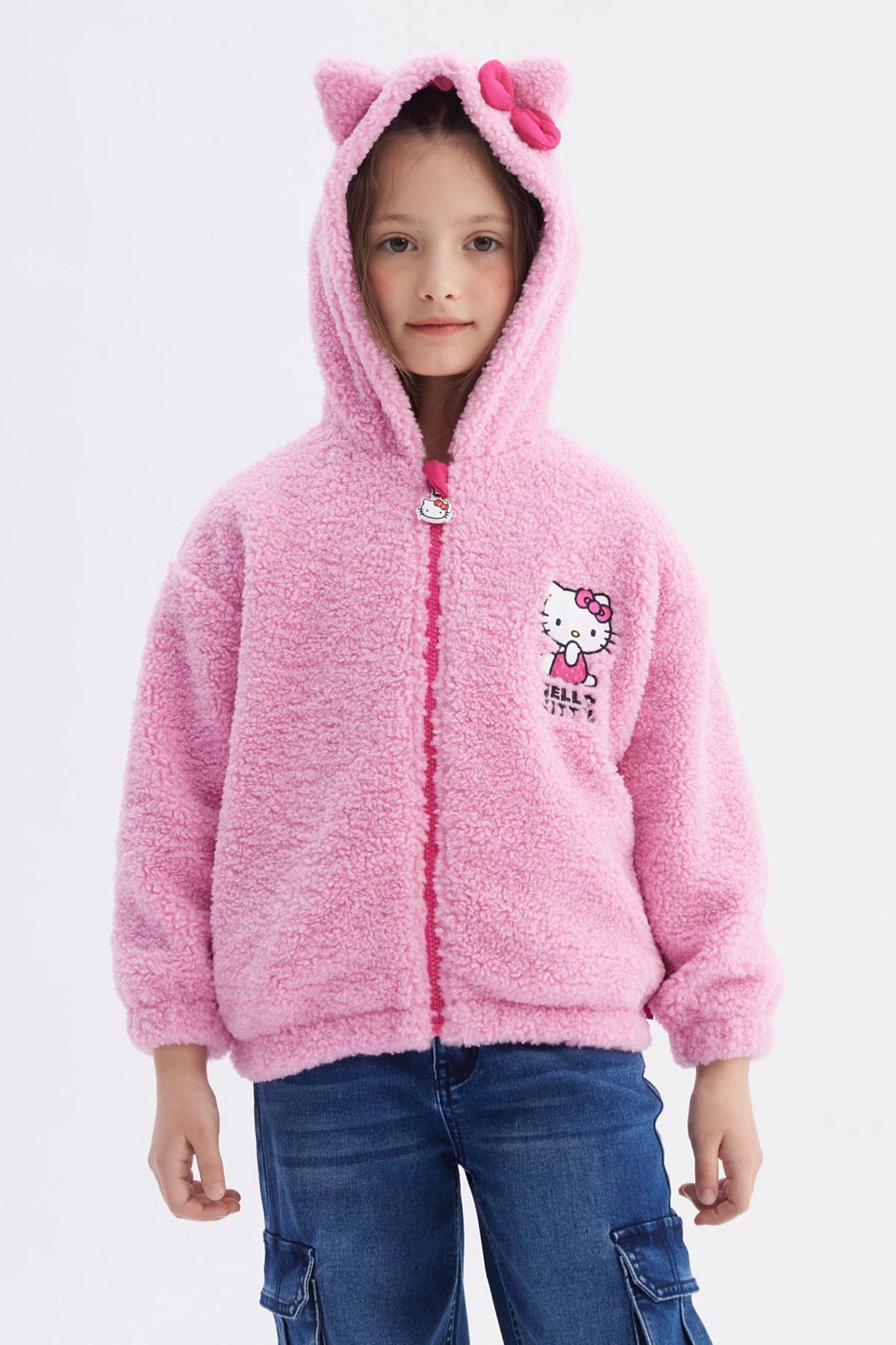 Polar rosa para niña con capucha diseño Hello Kitty en el pecho estilo caricatura pequeña