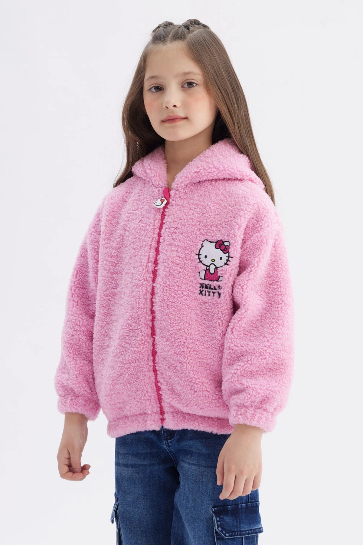 Polar rosa para niña con capucha diseño Hello Kitty en el pecho estilo caricatura pequeña