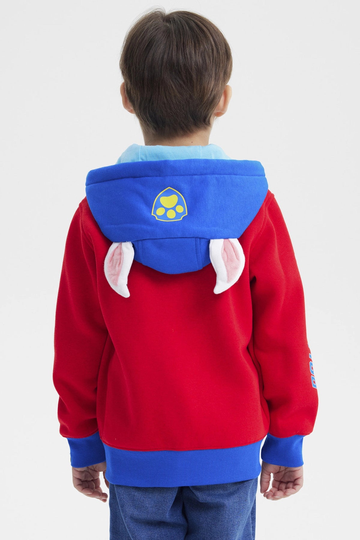 Polerón rojo para niño con capucha azul Paw Patrol estampado frontal Chase en estilo caricatura alegre