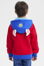 Polerón rojo para niño con capucha azul Paw Patrol estampado frontal Chase en estilo caricatura alegre