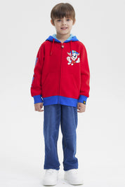 Polerón rojo para niño con capucha azul Paw Patrol estampado frontal Chase en estilo caricatura alegre