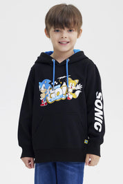 Polerón negro para niño con capucha y estampado grande de Sonic y Tails en el frente estilo dibujo animado