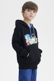 Polerón negro para niño con capucha y estampado grande de Sonic y Tails en el frente estilo dibujo animado