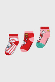 Calcetas rosadas de media caña para niña con estampas de Hello Kitty en colores vibrantes y diseños variados